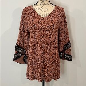 Soft Surroundings stretch knit top with velvet embroidered bell sleeves S